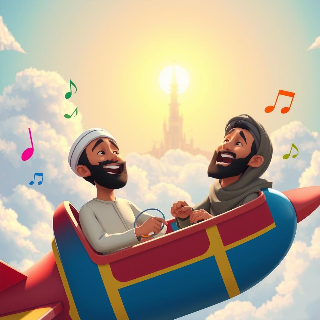 Animated Disney Pixar style scene titled 'Towers' featuring two Muslim men in a vibrant, colorful airplane singing joyfully