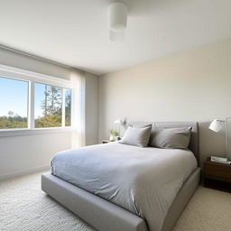 A modern, spacious bedroom with sleek furniture, neutral tones, natural light streaming through large windows, and minimal decoration.