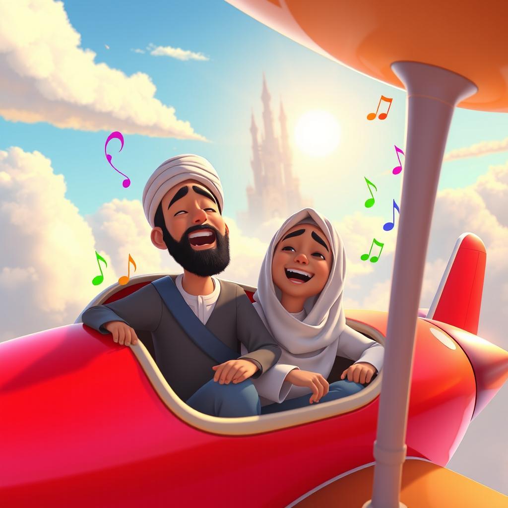 Animated Disney Pixar style scene titled 'Towers' featuring two Muslim men in a vibrant, colorful airplane singing joyfully