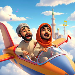 Animated Disney Pixar style scene titled 'Towers' featuring two Muslim men in a vibrant, colorful airplane singing joyfully