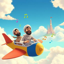 Animated Disney Pixar style scene titled 'Towers' featuring two Muslim men in a vibrant, colorful airplane singing joyfully