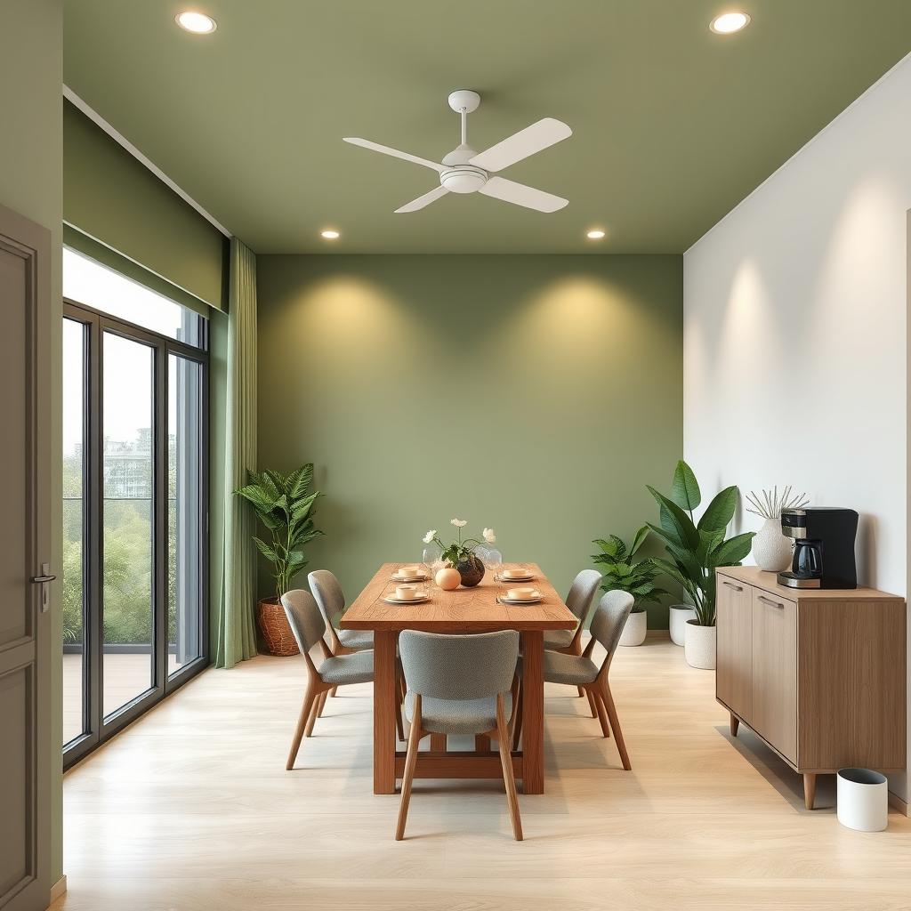 a modern dining room design with a color palette of green, gold, gray, and white