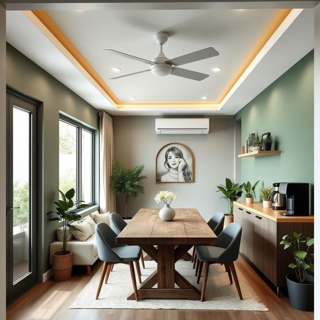 a modern dining room design with a color palette of green, gold, gray, and white