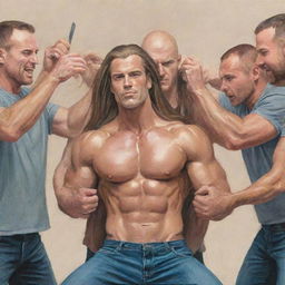 An illustration of a muscular man with long hair being surrounded by a group of men who are cutting his hair to make him bald.