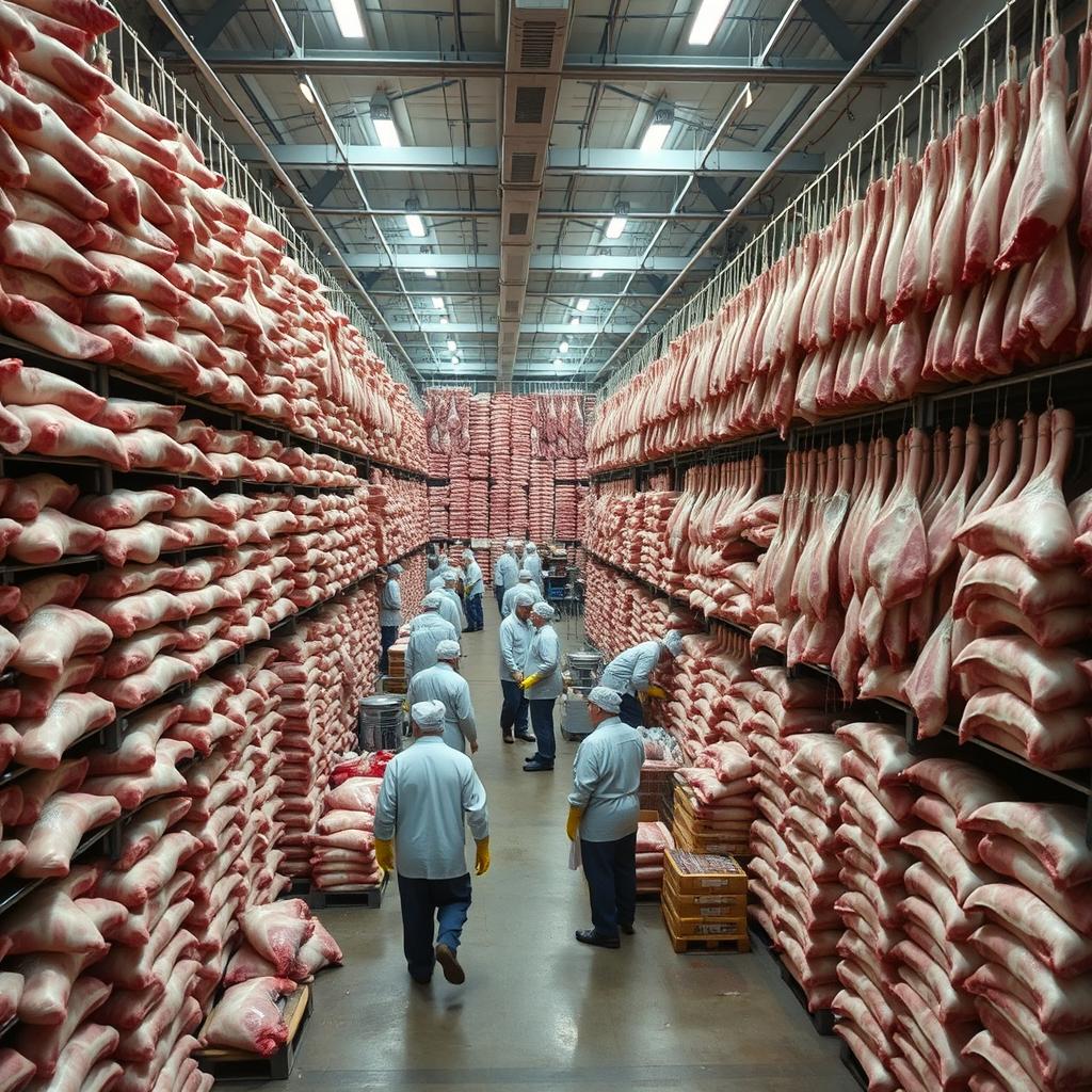 A large meat processing facility with thousands of kilograms of meat stacked high from floor to ceiling