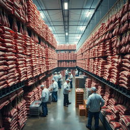 A large meat processing facility with thousands of kilograms of meat stacked high from floor to ceiling