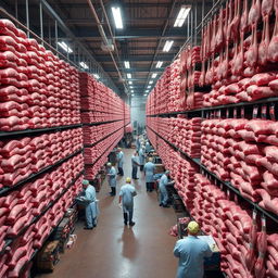 A large meat processing facility with thousands of kilograms of meat stacked high from floor to ceiling