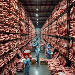 A large meat processing facility with thousands of kilograms of meat stacked high from floor to ceiling