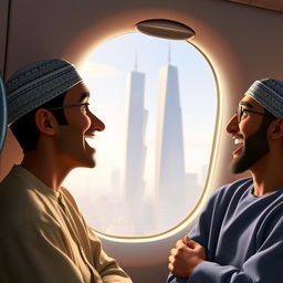 A Disney Pixar movie scene titled "Towers" featuring two Muslim men inside a commercial airplane