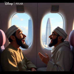 A Disney Pixar movie scene titled "Towers" featuring two Muslim men inside a commercial airplane