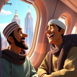 A Disney Pixar movie scene titled "Towers" featuring two Muslim men inside a commercial airplane