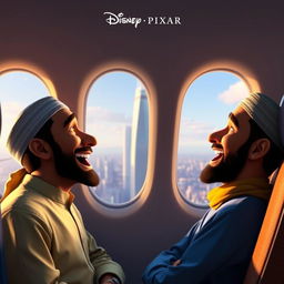 A Disney Pixar movie scene titled "Towers" featuring two Muslim men inside a commercial airplane