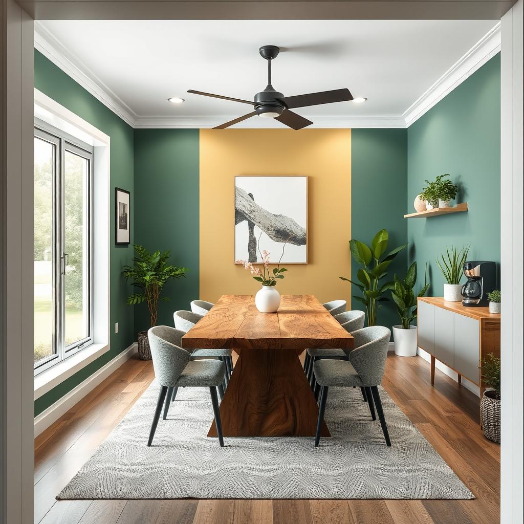 a modern dining room design with a color palette of green, gold, gray, and white