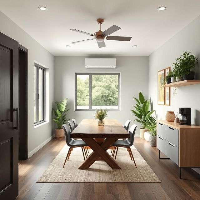 a modern dining room design with a color palette of green, gold, gray, and white