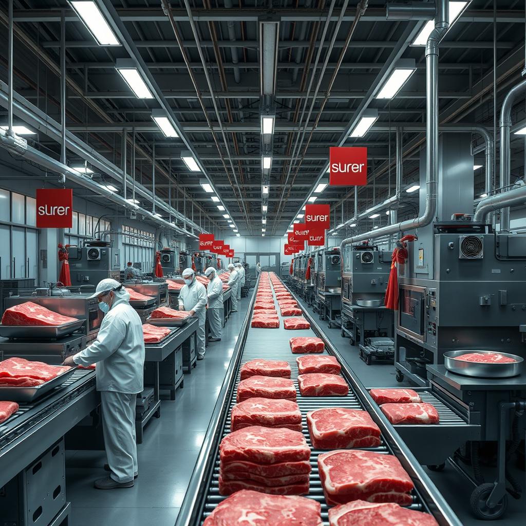 A highly detailed and realistic image of the largest beef processing plant in the world, showcasing its vast production line