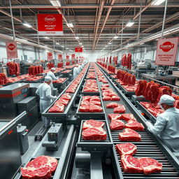 A highly detailed and realistic image of the largest beef processing plant in the world, showcasing its vast production line