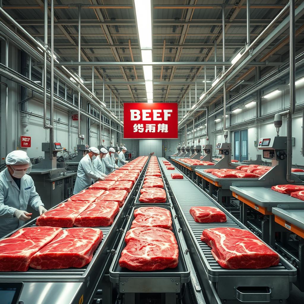 A highly detailed and realistic image of the largest beef processing plant in the world, showcasing its vast production line