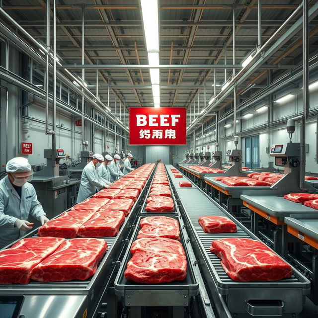 A highly detailed and realistic image of the largest beef processing plant in the world, showcasing its vast production line