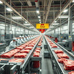 A highly detailed and realistic image of the largest beef processing plant in the world, showcasing its vast production line