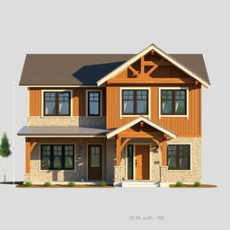 Design of a modern country-style house facade, 30 feet in width and 9 feet in height