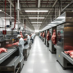 A depiction of a beef processing plant focusing on the industrial and mechanical aspect of the operation, without showing any explicit or graphic content