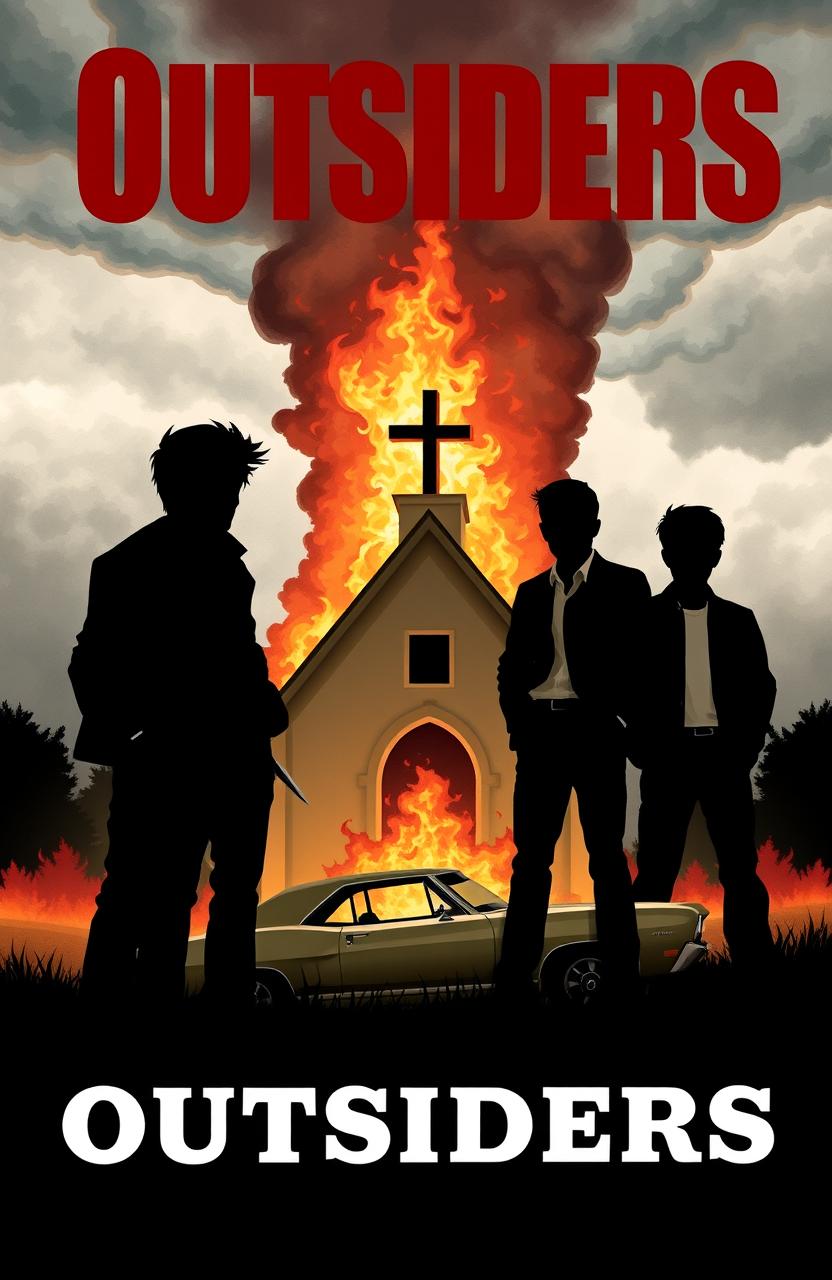 Book cover for "Outsiders" featuring silhouettes of the Greasers and the Socs