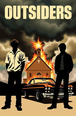 Book cover for "Outsiders" featuring silhouettes of the Greasers and the Socs