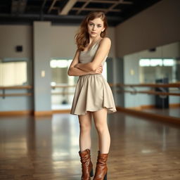 A petite young woman with brown hair, 21 years old, wearing stylish ballerina boots