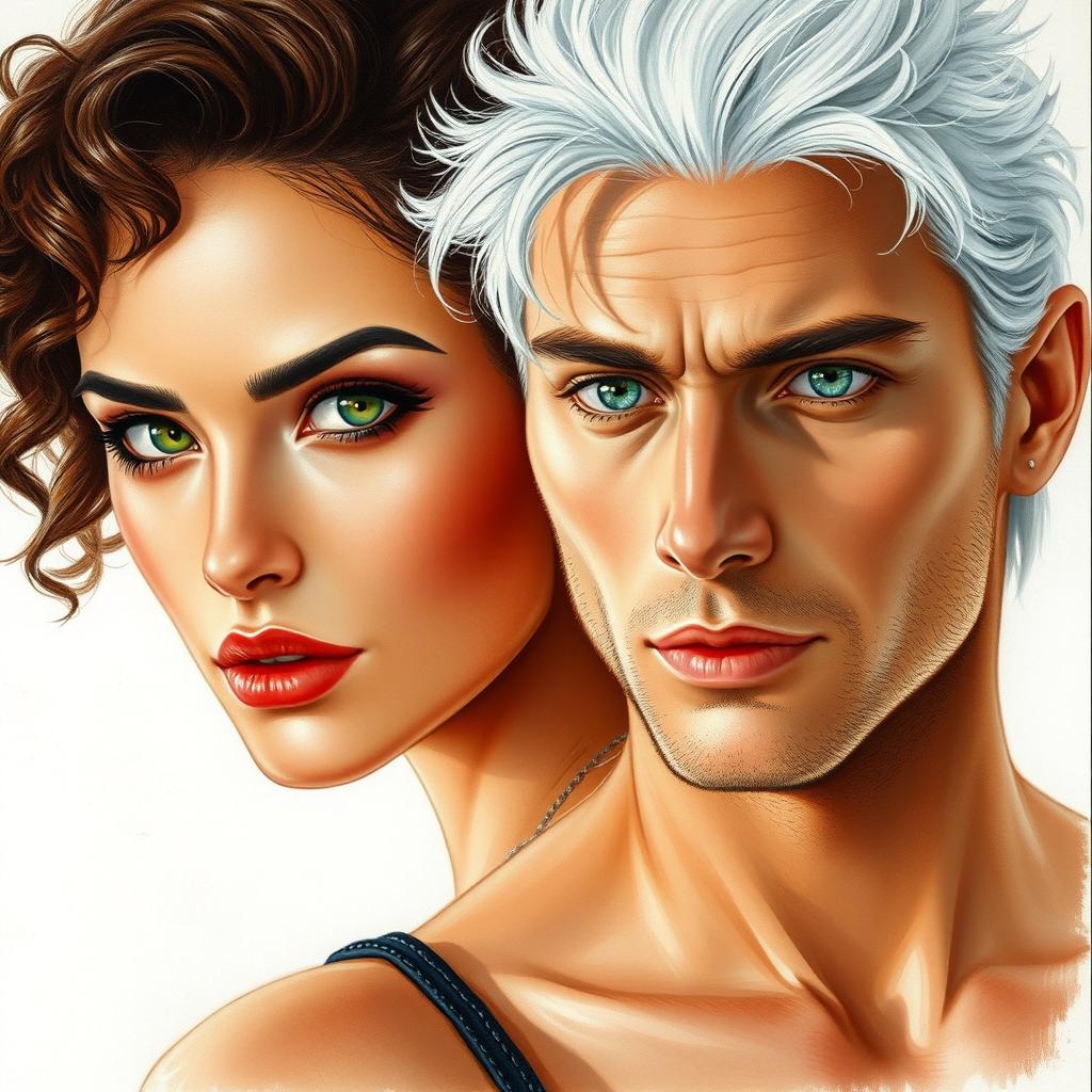 a realistic drawing featuring a woman with curly hair alongside a man with white hair and green eyes