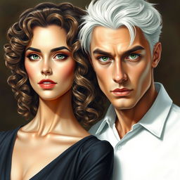 a realistic drawing featuring a woman with curly hair alongside a man with white hair and green eyes