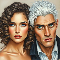 a realistic drawing featuring a woman with curly hair alongside a man with white hair and green eyes