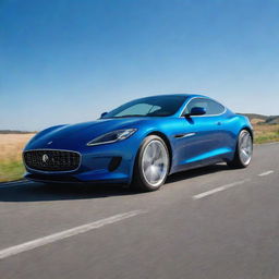 A sleek, modern car with gleaming paintwork and intricate detailing on wheels parked on a clean road under a clear blue sky.