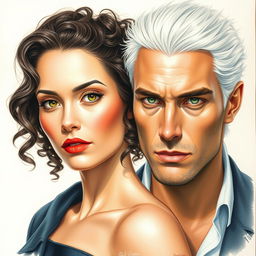 a realistic drawing featuring a woman with curly hair alongside a man with white hair and green eyes