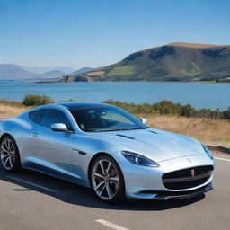 A sleek, modern car with gleaming paintwork and intricate detailing on wheels parked on a clean road under a clear blue sky.