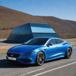 A sleek, modern car with gleaming paintwork and intricate detailing on wheels parked on a clean road under a clear blue sky.