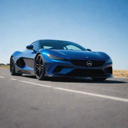 A sleek, modern car with gleaming paintwork and intricate detailing on wheels parked on a clean road under a clear blue sky.