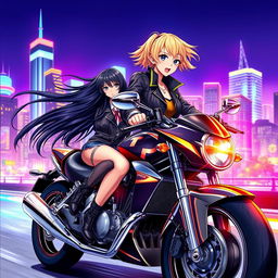 Two girls on a motorcycle, realistic drawing, capturing the wind as their hair flows behind them, set against a vibrant cityscape