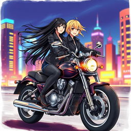 Two girls on a motorcycle, realistic drawing, capturing the wind as their hair flows behind them, set against a vibrant cityscape