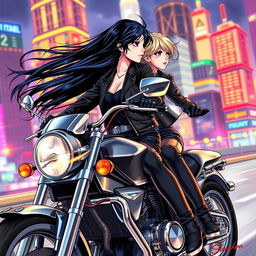 Two girls on a motorcycle, realistic drawing, capturing the wind as their hair flows behind them, set against a vibrant cityscape