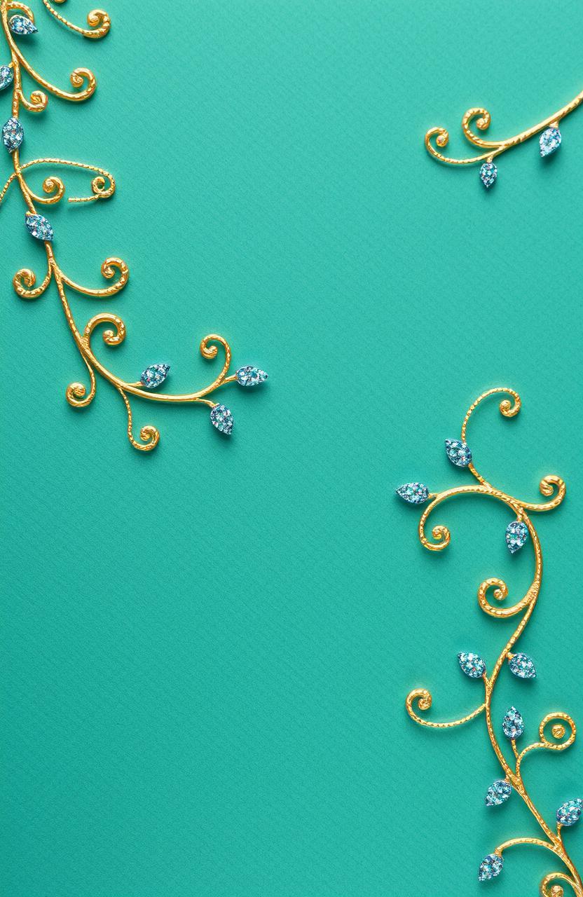 A background with an embossed appearance in a greenish-blue color, featuring embellishments of gold vine-like swirly flourishes