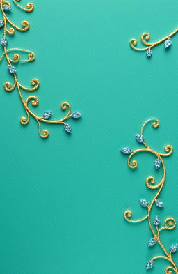 A background with an embossed appearance in a greenish-blue color, featuring embellishments of gold vine-like swirly flourishes