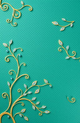 A background with an embossed appearance in a greenish-blue color, featuring embellishments of gold vine-like swirly flourishes