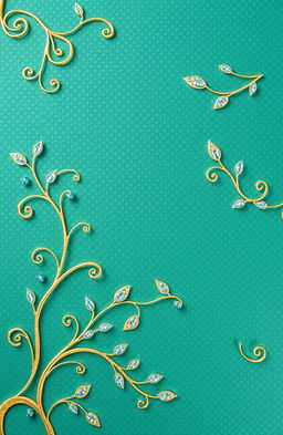 A background with an embossed appearance in a greenish-blue color, featuring embellishments of gold vine-like swirly flourishes