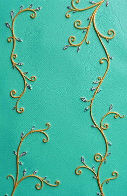 A background with an embossed appearance in a greenish-blue color, featuring embellishments of gold vine-like swirly flourishes