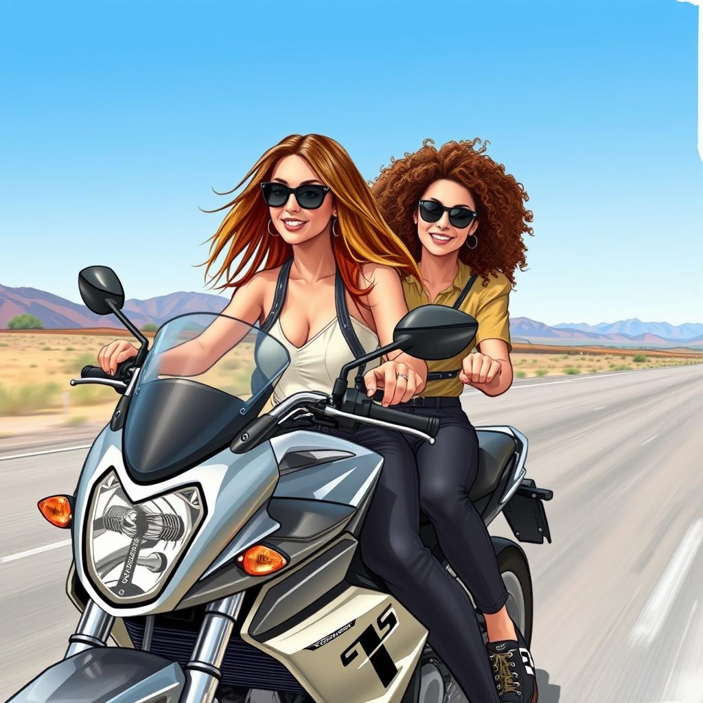 Two women on a motorcycle, one with straight hair and the other with curly hair, realistic drawing style