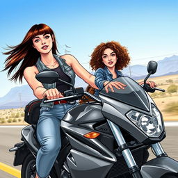 Two women on a motorcycle, one with straight hair and the other with curly hair, realistic drawing style