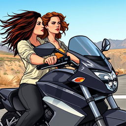 Two women on a motorcycle, one with straight hair and the other with curly hair, realistic drawing style