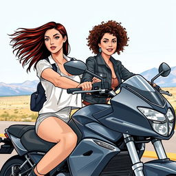 Two women on a motorcycle, one with straight hair and the other with curly hair, realistic drawing style