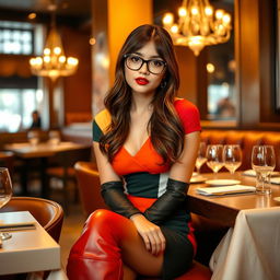 A stylish 21-year-old woman with brunette hair, wearing over-the-knee leather boots, sits confidently in a chic restaurant