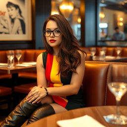 A stylish 21-year-old woman with brunette hair, wearing over-the-knee leather boots, sits confidently in a chic restaurant